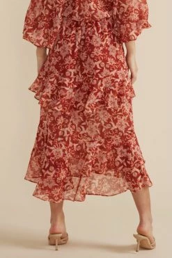 Mink Pink New In Dover Red Floral Layered Midi Skirt