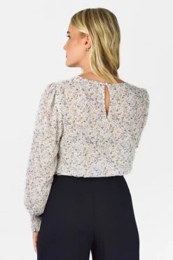 Among The Brave Pure Ivory Ditsy Botanic LS Georgette Puff Sleeve Shirred Hem Top Tops & Tees