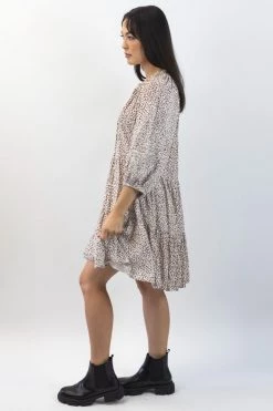 Among The Brave Gemini Chocolate Ditsy Animal Puff Mid Sleeve Button Front Tiered Mini Dress