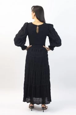 Ivy + Jack Piper Black Shirred Cotton LS Shirred Bodice Tiered Maxi Dress