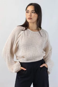 Ivy + Jack Carly Ecru Shirred LS Raglan Elastic Hem Crop Top