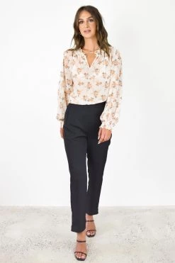 Among The Brave Surreal Peach Floral LS Shirred Puff Sleeve High Neck Top Tops & Tees