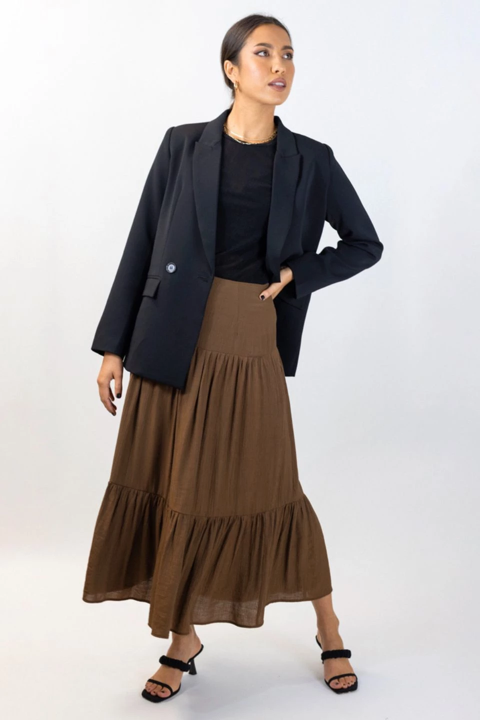 Ivy + Jack Stella Pecan Crinkle Deep Basque Tiered Midi Skirt