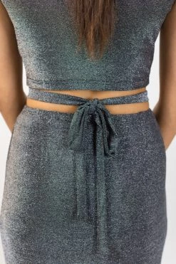 Among The Brave Milky Way Silver Shimmer Ring Tie Waist Crop Tank Top
