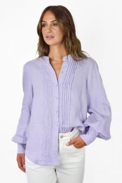 Among The Brave Hero Lilac Linen Pintuck LS Puff Sleeve Shirt Tops & Tees