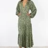 Among The Brave Aida Khaki Animal LS Puff Sleeve Button Front Tiered Maxi Dress Dresses