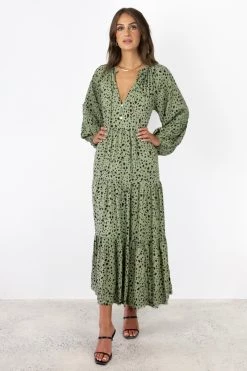Among The Brave Aida Khaki Animal LS Puff Sleeve Button Front Tiered Maxi Dress Dresses