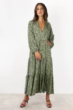 Among The Brave Aida Khaki Animal LS Puff Sleeve Button Front Tiered Maxi Dress Dresses