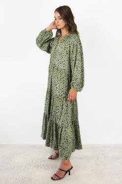 Among The Brave Aida Khaki Animal LS Puff Sleeve Button Front Tiered Maxi Dress Dresses