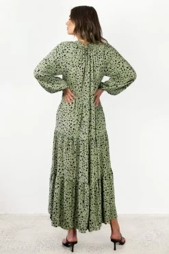 Among The Brave Aida Khaki Animal LS Puff Sleeve Button Front Tiered Maxi Dress Dresses