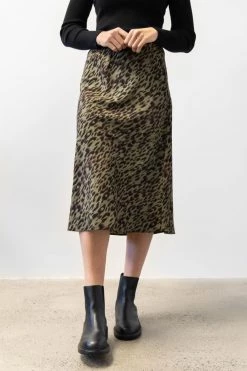 Among The Brave Down Town Khaki Animal Bias Cut Midi Skirt New In
