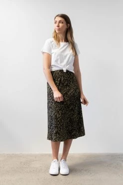 Among The Brave Down Town Khaki Animal Bias Cut Midi Skirt New In