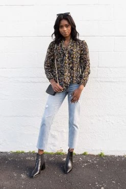 Among The Brave Optimistic Sheer Black Floral Tie Neck LS Top Tops & Tees