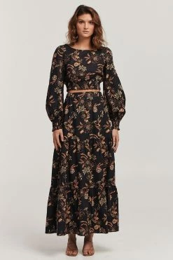 Charlie Holiday Pamela Black Sweet Tropics Floral Tiered Maxi Skirt New In