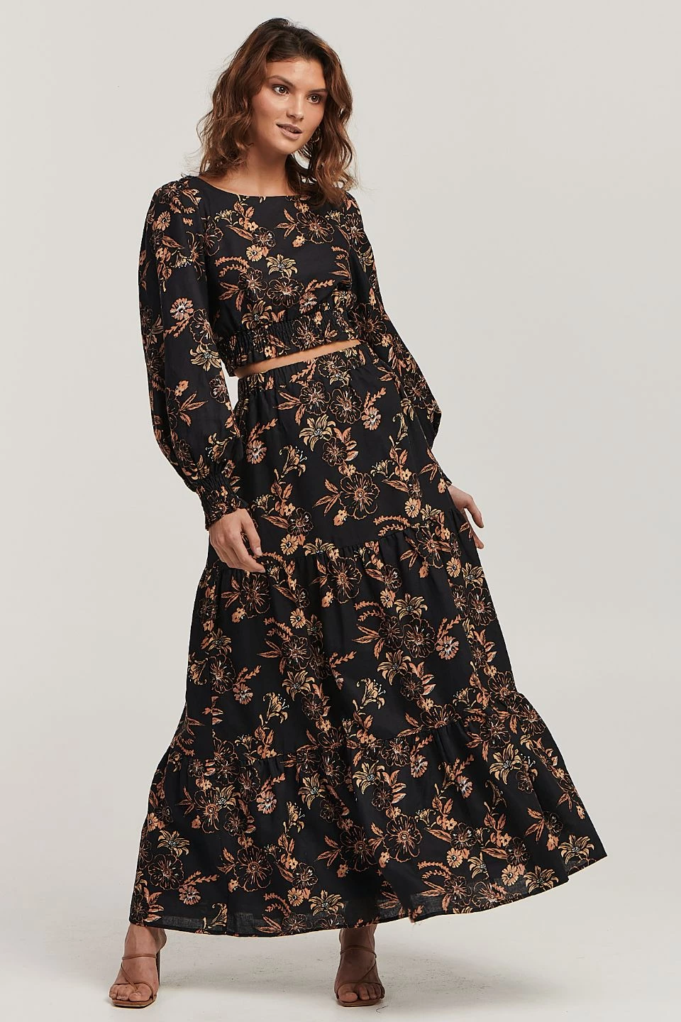 Charlie Holiday Pamela Black Sweet Tropics Floral Tiered Maxi Skirt New In