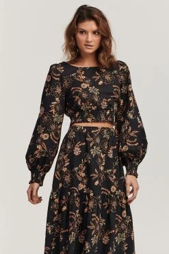 Charlie Holiday Pamela Black Sweet Tropics Floral LS Crop Top New In