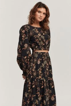 Charlie Holiday Pamela Black Sweet Tropics Floral LS Crop Top New In