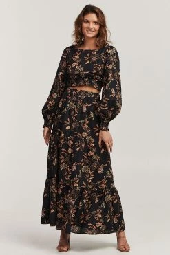 Charlie Holiday Pamela Black Sweet Tropics Floral LS Crop Top New In