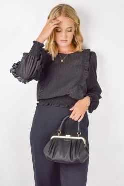 Among The Brave Cloud Black Sparkle Shirred Hem LS Ruffle Puff Sleeve Lace Trim Top Tops & Tees