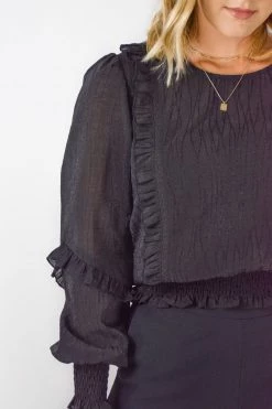 Among The Brave Cloud Black Sparkle Shirred Hem LS Ruffle Puff Sleeve Lace Trim Top Tops & Tees