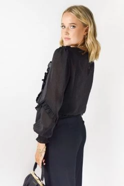 Among The Brave Cloud Black Sparkle Shirred Hem LS Ruffle Puff Sleeve Lace Trim Top Tops & Tees