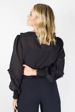 Among The Brave Cloud Black Sparkle Shirred Hem LS Ruffle Puff Sleeve Lace Trim Top Tops & Tees