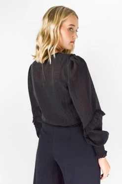 Among The Brave Cloud Black Sparkle Shirred Hem LS Ruffle Puff Sleeve Lace Trim Top Tops & Tees