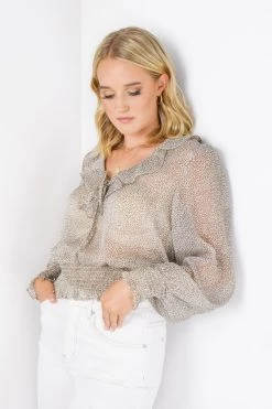 Among The Brave Leo Natural Ditsy Animal LS Shirred Ruffle V Neck Top