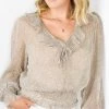 Among The Brave Leo Natural Ditsy Animal LS Shirred Ruffle V Neck Top