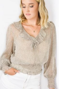 Among The Brave Leo Natural Ditsy Animal LS Shirred Ruffle V Neck Top