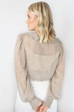 Among The Brave Leo Natural Ditsy Animal LS Shirred Ruffle V Neck Top