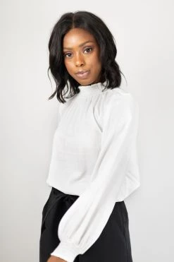 Among The Brave Embrace Ivory Soft Linen Blend LS High Neck Shirred Puff Sleeve Top