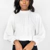 Among The Brave Embrace Ivory Soft Linen Blend LS High Neck Shirred Puff Sleeve Top
