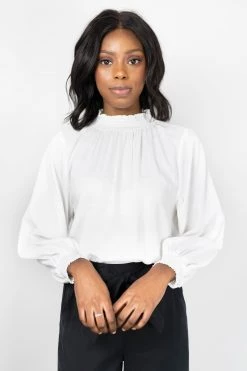 Among The Brave Embrace Ivory Soft Linen Blend LS High Neck Shirred Puff Sleeve Top