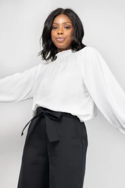 Among The Brave Embrace Ivory Soft Linen Blend LS High Neck Shirred Puff Sleeve Top