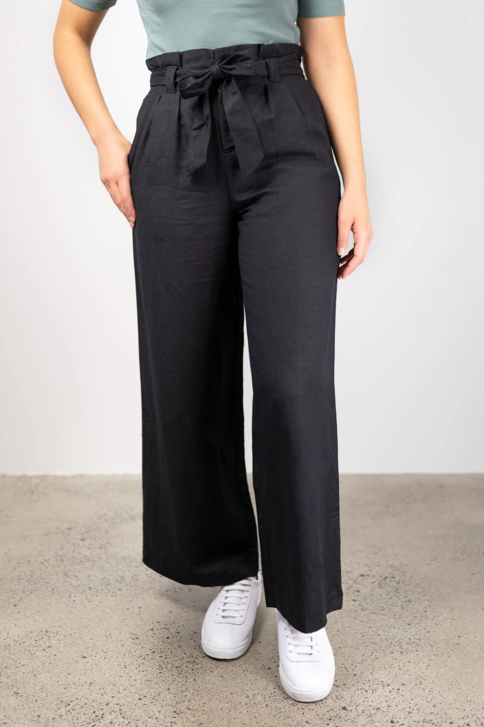 Among The Brave Galaxy Black Paper Bag Tie Waist Wide Leg Linen Pant Pants