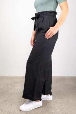 Among The Brave Galaxy Black Paper Bag Tie Waist Wide Leg Linen Pant Pants