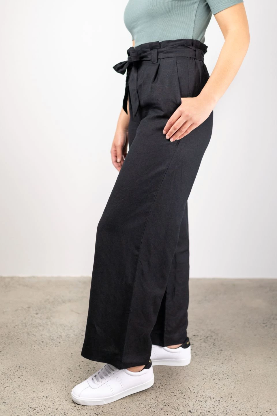 Among The Brave Galaxy Black Paper Bag Tie Waist Wide Leg Linen Pant Pants