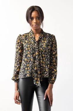 Among The Brave Optimistic Sheer Black Floral Tie Neck LS Top Tops & Tees