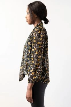 Among The Brave Optimistic Sheer Black Floral Tie Neck LS Top Tops & Tees