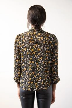 Among The Brave Optimistic Sheer Black Floral Tie Neck LS Top Tops & Tees