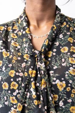Among The Brave Optimistic Sheer Black Floral Tie Neck LS Top Tops & Tees
