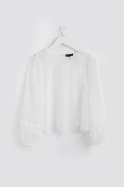 Among The Brave Ava Ivory Crinkle Shimmer Double Ruffle Puff Sleeve Top
