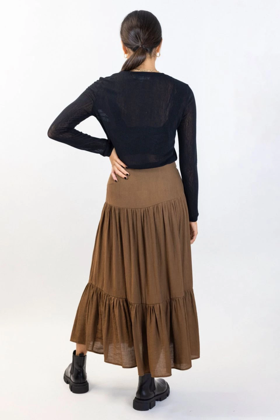 Ivy + Jack Stella Pecan Crinkle Deep Basque Tiered Midi Skirt