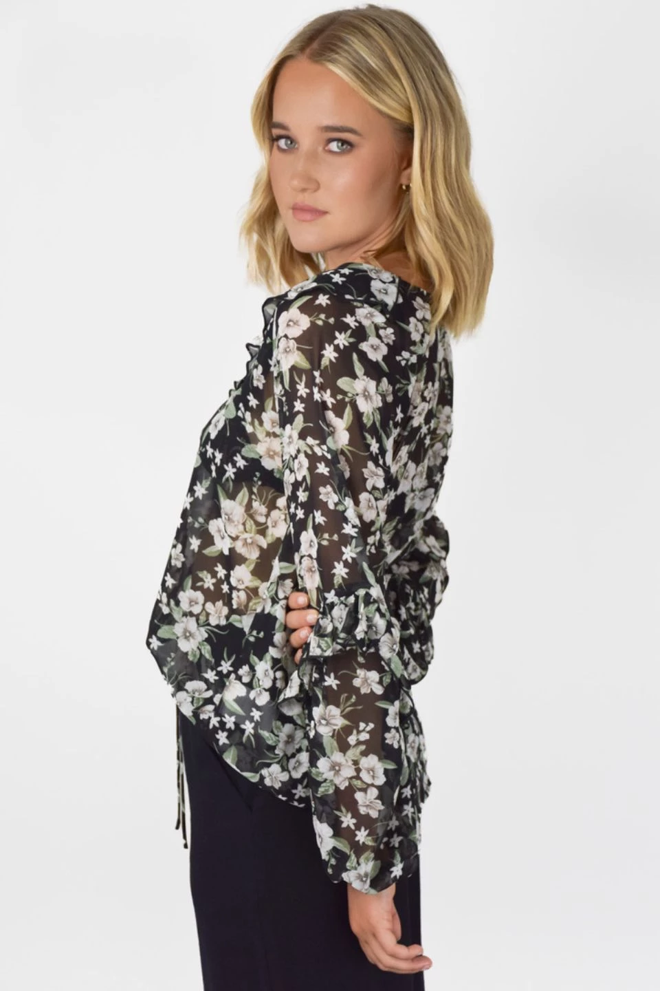 Among The Brave Day Dream Garden Midnight Frill Neck LS Frill Sleeve Top New In