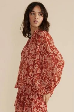 Mink Pink Dover Red Floral V Neck Balloon LS Blouse New In