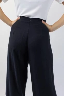 Among The Brave Pants Effortless Black Viscose Deep Band Wide Leg Pant
