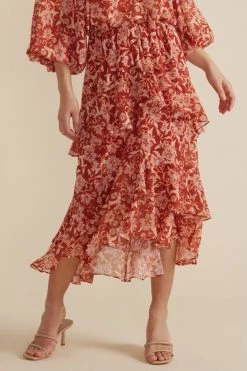 Mink Pink New In Dover Red Floral Layered Midi Skirt