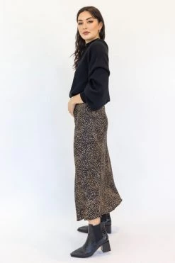 Ivy + Jack Ivy Black Mini Leopard Satin Midi Bias Skirt Skirts