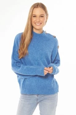 Seeking Lola New In Okana Blue Button Shoulder Knit Jumper